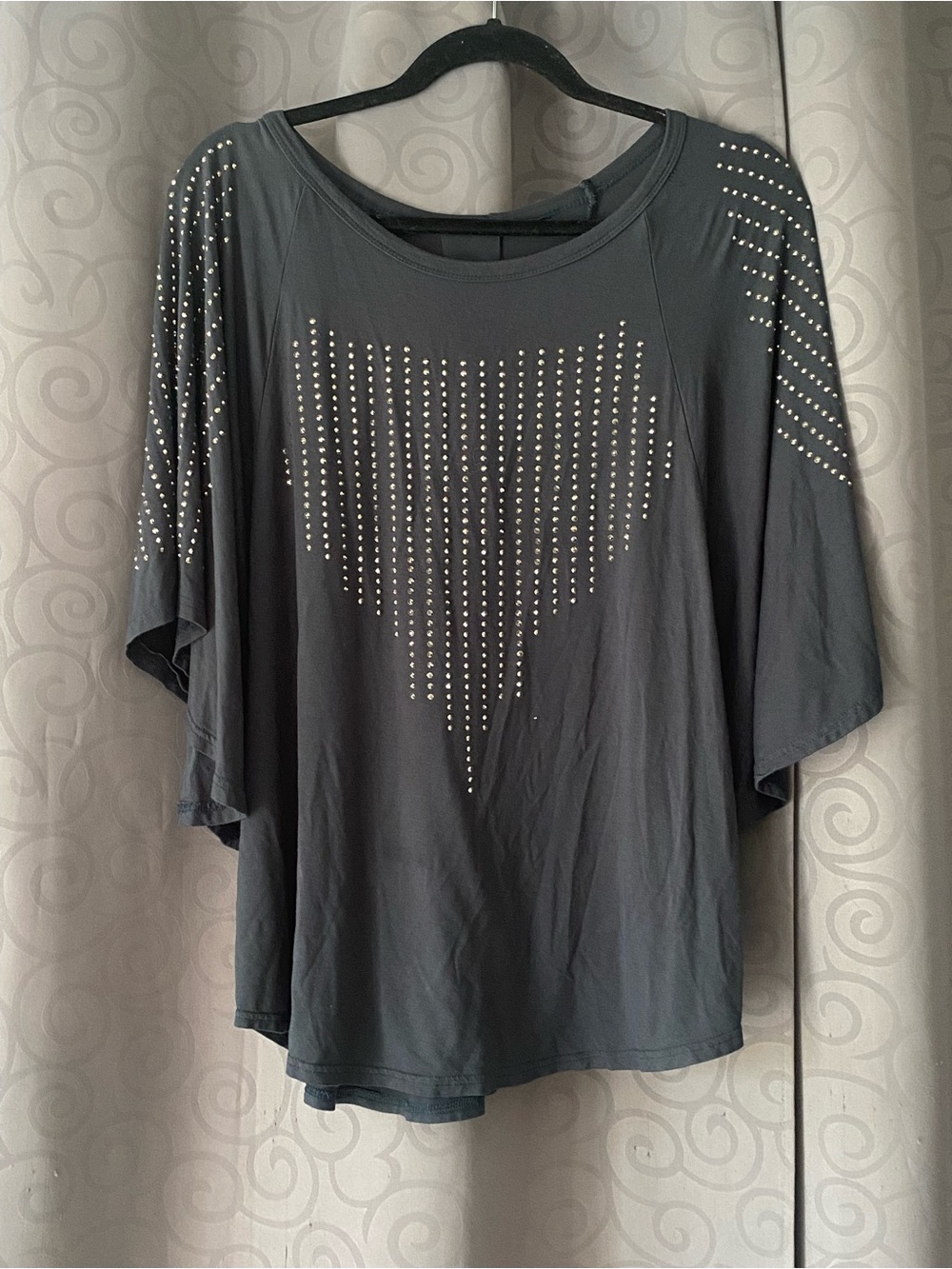 Vocal Gray Rhinestone Flutter Sleeve Top